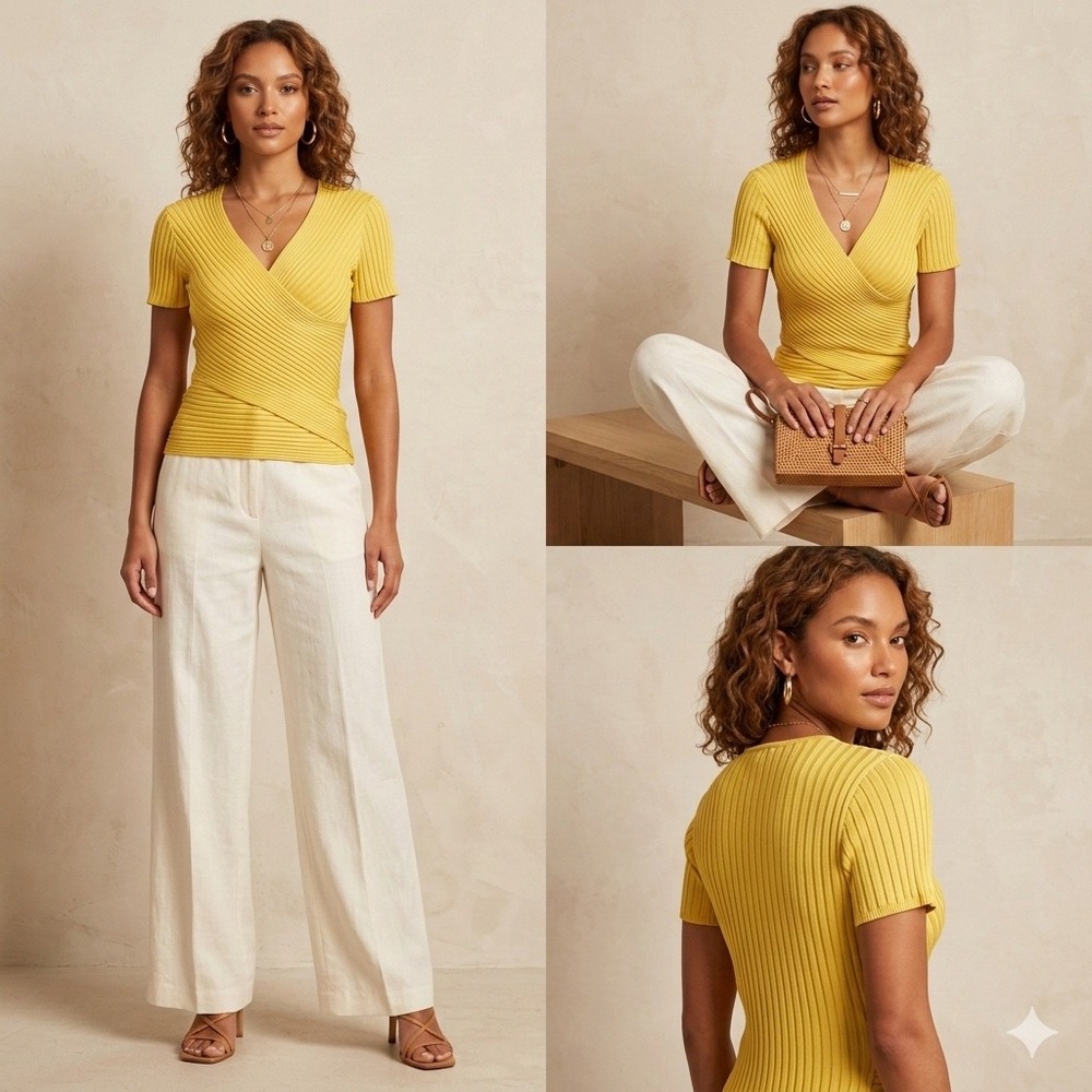 CACHÉ Vintage M Silk Blend Ribbed Wrap Top Yellow Short‎ Sleeve Knit Blouse Med